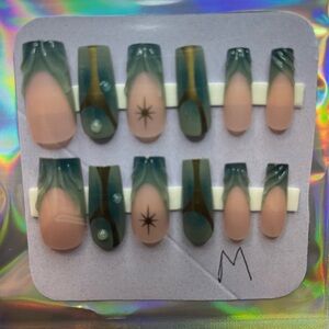 Stylish Green and Nude Press-On Nails Medium